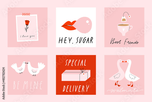 6 Stylish square template for Valentine's day greeting card, poster illustration collection in pink and red colors. Fun and cool design concept. Hand drawn doodle cartoon style.