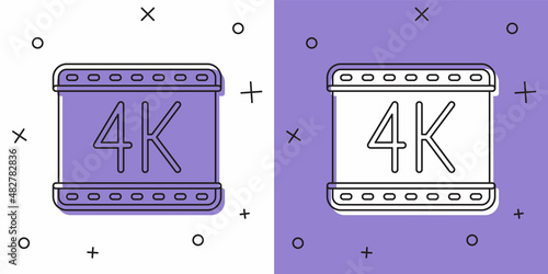 Set 4k movie, tape, frame icon isolated on white and purple background. Vector