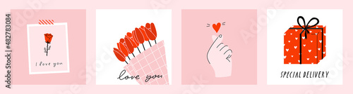 4 Stylish Valentine's day greeting card, poster illustration collection in pink and red colors. Fun and cool square greeting card design. Hand drawn doodle cartoon style concept.