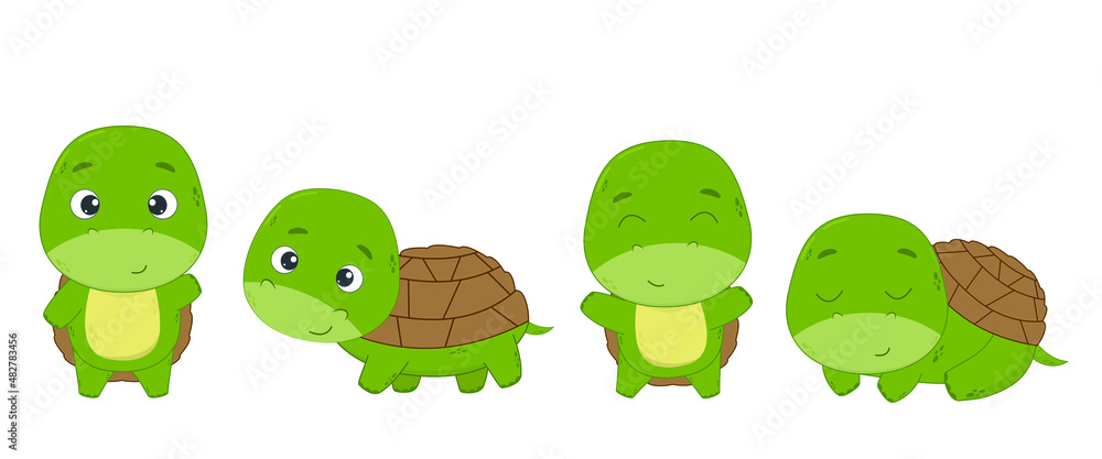 Obraz premium Set of cartoon turtles on a white background. Elements for design or print. Vector illustration.