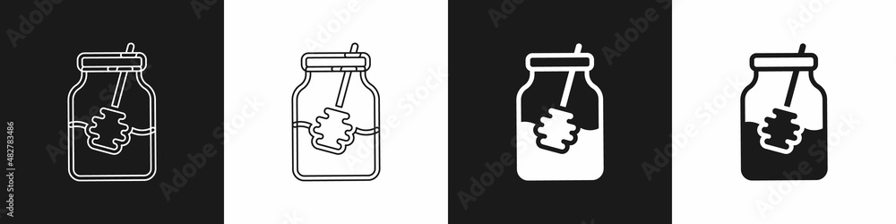 Set Jar of honey and honey dipper stick icon isolated on black and white background. Food bank. Sweet natural food symbol. Honey ladle. Vector Set Jar of honey and honey dipper stick icon isolated on black and white background. Food bank. Sweet natural food symbol. Honey ladle. Vector