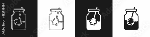 Set Jar of honey and honey dipper stick icon isolated on black and white background. Food bank. Sweet natural food symbol. Honey ladle. Vector