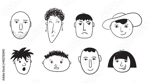 Hand drawn male and female faces with different emotions. Vector set of character sketches