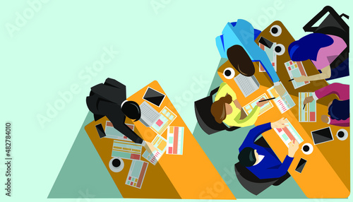 idea and concept creativity illustration business.Office workers sit at a round table and discuss ideas, exchanging information. Work meetings, business negotiations, meetings,