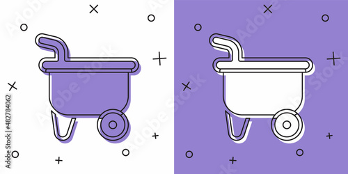Set Wheelbarrow icon isolated on white and purple background. Tool equipment. Agriculture cart wheel farm. Vector