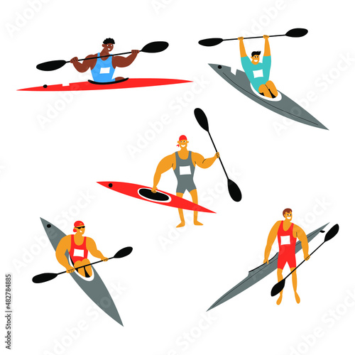 Set of canoe sprint athletes. Paddlers with racing kayaks