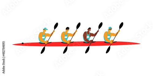 Illustration of four person racing kayak  K4. Canoe sprint paddlers.