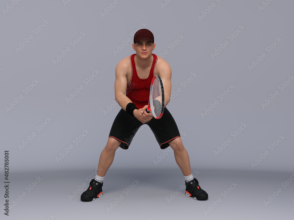 3D Render : Full body portrait of male tennis player is performing and acting in training session, ready for the ball