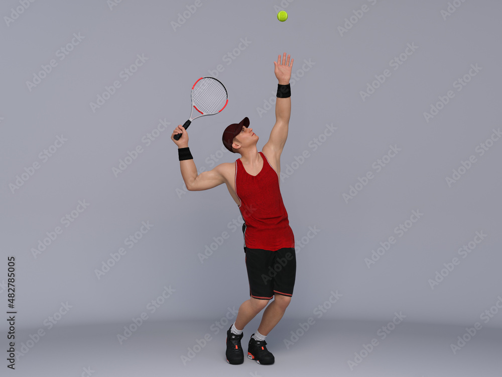 3D Render : Full body portrait of male tennis player is performing and acting in training session, ready to serve