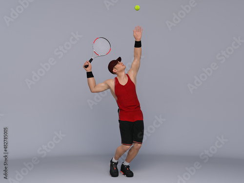 3D Render : Full body portrait of male tennis player is performing and acting in training session, ready to serve © Tritons