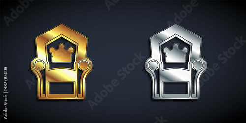 Gold and silver Medieval throne icon isolated on black background. Long shadow style. Vector