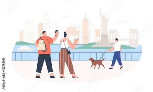 Tourists traveling and going sightseeing. Couple visiting New York city. Man and woman taking photo of landmarks during tour. People in journey. Flat vector illustration isolated on white background
