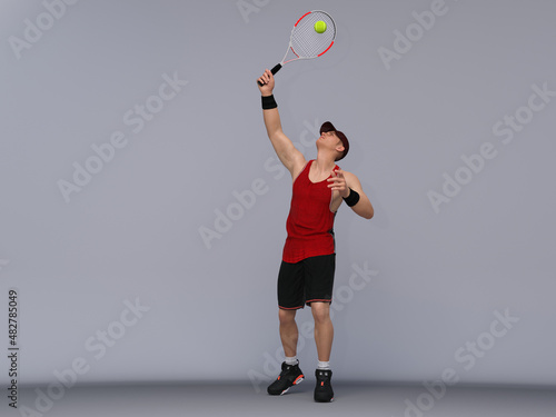 3D Render : Full body portrait of male tennis player is performing and acting in training session, overhead ball