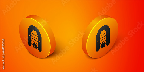 Isometric Inflatable boat with outboard motor icon isolated on orange background. Orange circle button. Vector