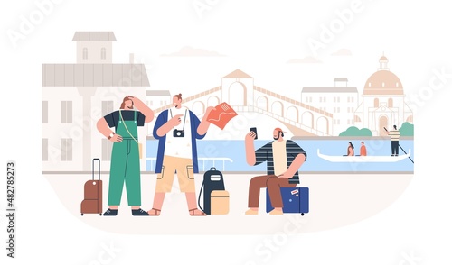 Tourists on summer holiday travel to Venice. Friends going sightseeing in tour. Happy people with phone, map and landmarks in Europe trip. Flat vector illustration isolated on white background