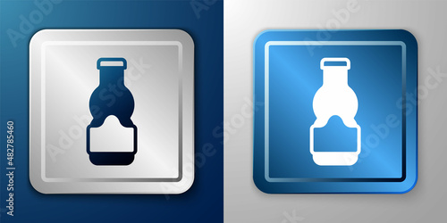 White Sauce bottle icon isolated on blue and grey background. Ketchup  mustard and mayonnaise bottles with sauce for fast food. Silver and blue square button. Vector