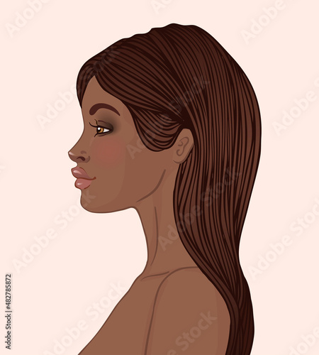 Portrait of beautiful African American woman with long hair (profile view)