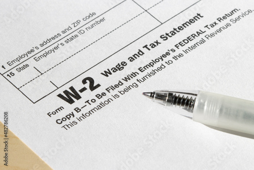 Closeup of Form W-2, Wage and Tax Statement.