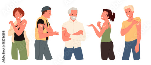 Cartoon vaccinated happy woman, man and teen characters after inoculation with antivirus vaccine, adhesive plaster on hand. People showing arm with bandage after vaccination vector illustration set