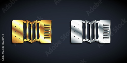 Gold and silver Musical instrument accordion icon isolated on black background. Classical bayan, harmonic. Long shadow style. Vector