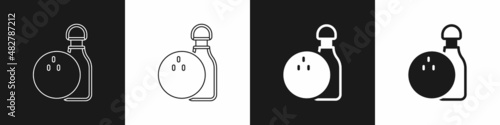 Set Bowling pin and ball icon isolated on black and white background. Sport equipment. Vector