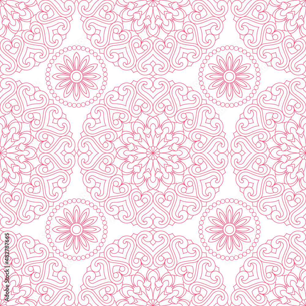 Floral seamless background. Graphic drawing in pink colors on a white background.