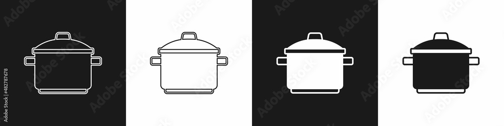 Obraz premium Set Cooking pot icon isolated on black and white background. Boil or stew food symbol. Vector