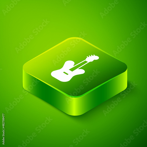 Isometric Electric bass guitar icon isolated on green background. Green square button. Vector