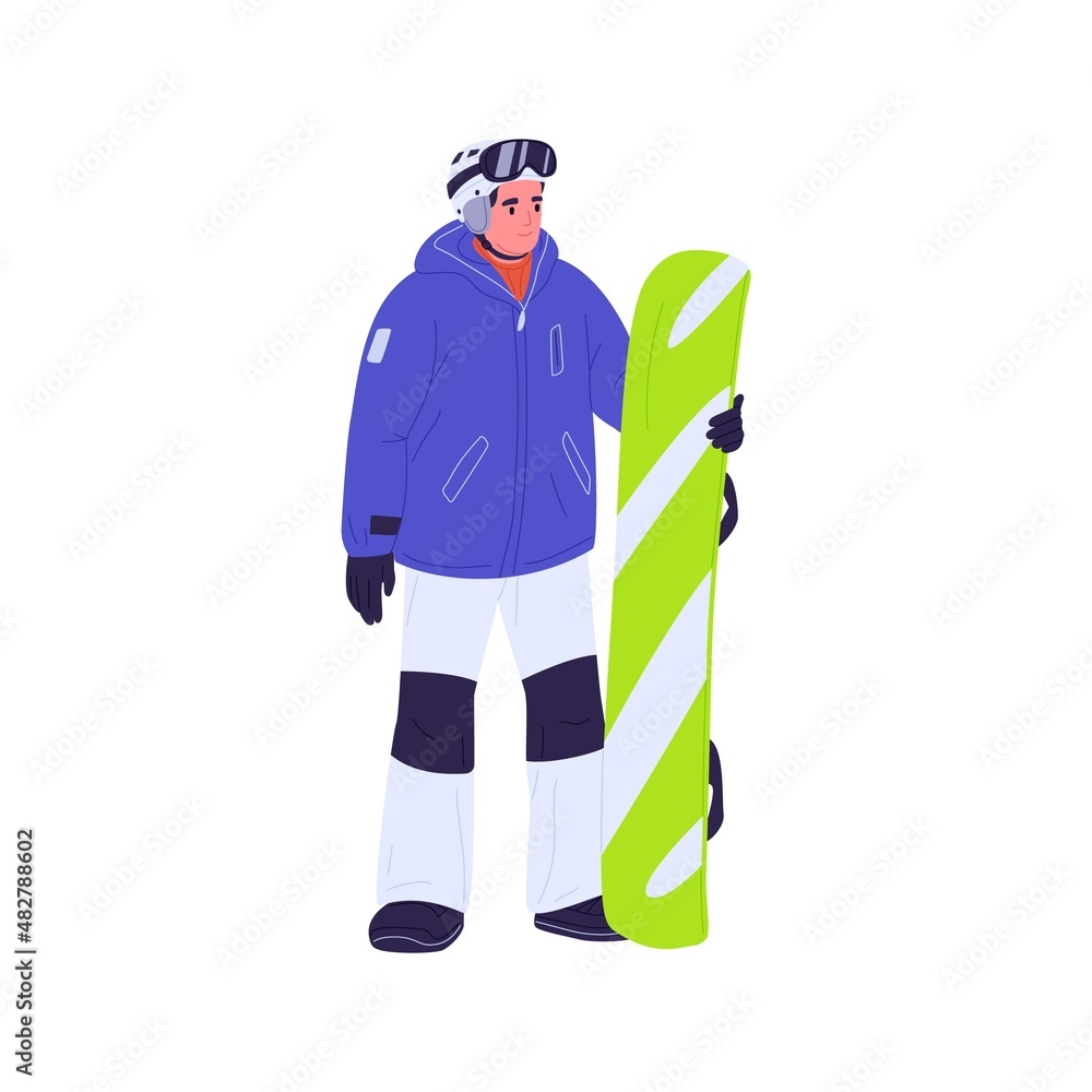 Man holding snowboard. Snowboarder in helmet and winter outfit portrait. Snow board rider standing in sportswear, ready for extreme activity. Flat vector illustration isolated on white background