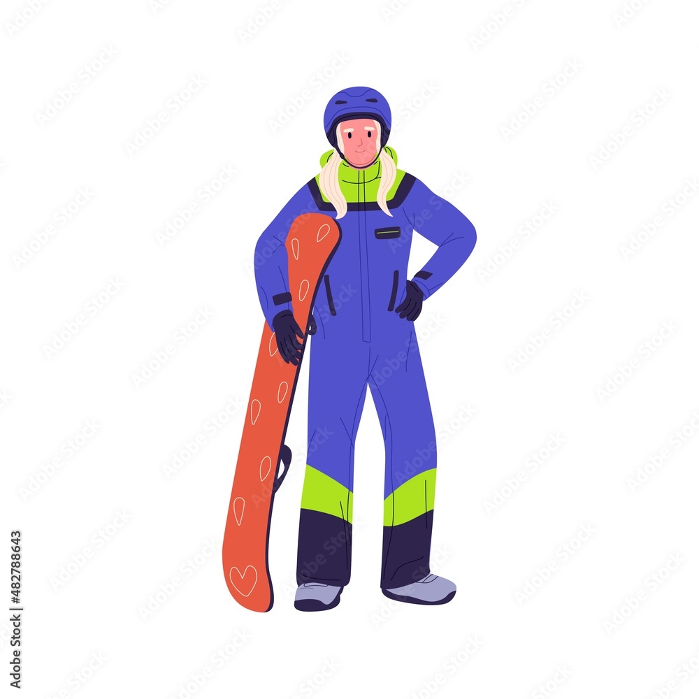 Woman snowboarder portrait. Snowboard rider holding snow board. Person standing in helmet and winter sports outfit, ready for extreme activity. Flat vector illustration isolated on white background Woman snowboarder portrait. Snowboard rider holding snow board. Person standing in helmet and winter sports outfit, ready for extreme activity. Flat vector illustration isolated on white background