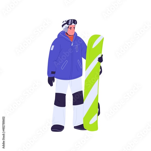 Man holding snowboard. Snowboarder in helmet and winter outfit portrait. Snow board rider standing in sportswear, ready for extreme activity. Flat vector illustration isolated on white background