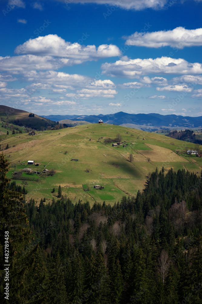 view of the Carpathian mountains, autumn, the church on the hill