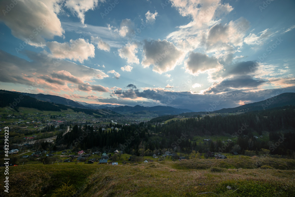 houses in the mountains at sunset, Ukrainian mountains, Carpathians