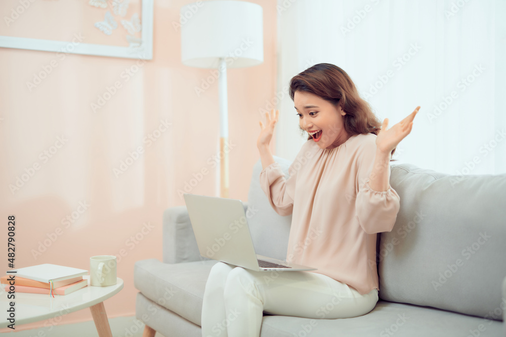 Happy smiling woman sitting at couch reading message looking at device screen using computer. Happy smiling woman sitting at couch reading message looking at device screen using computer.