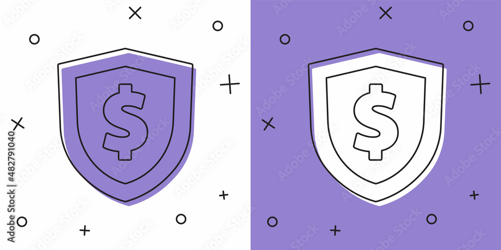 Set Shield with dollar symbol icon isolated on white and purple background. Security shield protection. Money security concept. Vector Set Shield with dollar symbol icon isolated on white and purple background. Security shield protection. Money security concept. Vector
