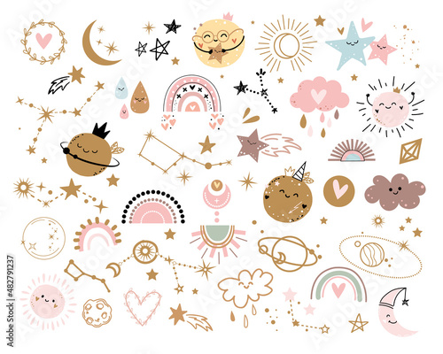 Big collection of planets, stars and rainbow in boho style for kids. Vector illustration. Modern trend