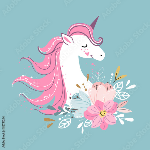 Cute unicorn head with flowers in boho style on a blue background. Vector illustration isolated. Scandinavian design for t-shirt  nursery art