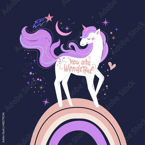 Wallpaper Mural Cute unicorn and rainbow in space. Vector illustration for t-shirt design, nursery for kids in boho style Torontodigital.ca