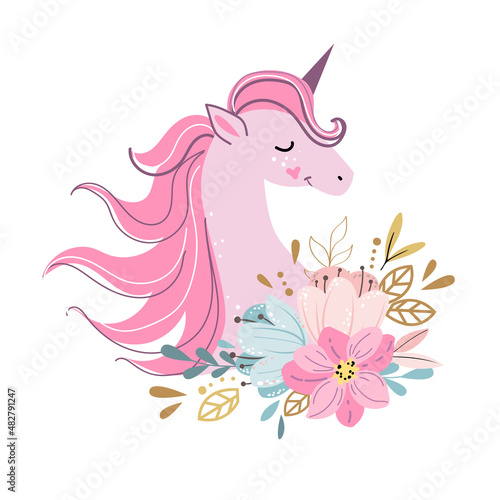 Cute unicorn head with flowers in boho style. Vector illustration isolated. Scandinavian design for t-shirt, nursery art