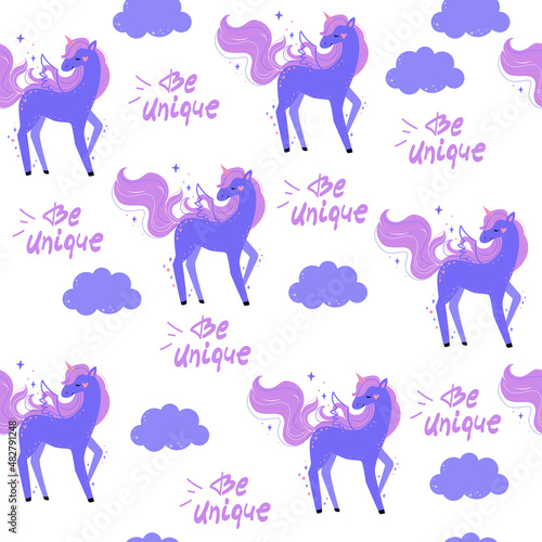 Cute unicorn in boho style and inscription be unique seamless pattern. Vector illustration isolated. Scandinavian