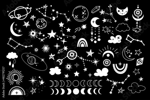 Space, planets and stars collection isolated on a black background. Vector illustration