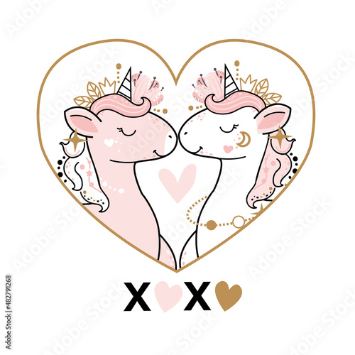 Valentine's day greeting card with two heart shaped unicorns in boho style. Vector cartoon illustration. Nursery, greeting card, poster, baby shower