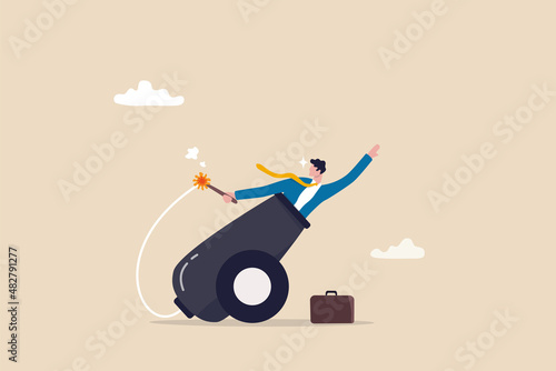 Self motivation to improve and boost business growth, determination to victory, challenge and ambition concept, confidence businessman ignite the cannon to launch himself flying high to reach target.