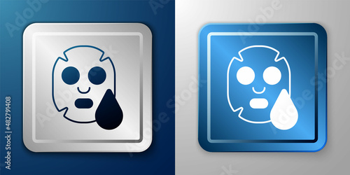 White Facial cosmetic mask icon isolated on blue and grey background. Cosmetology, medicine and health care. Silver and blue square button. Vector