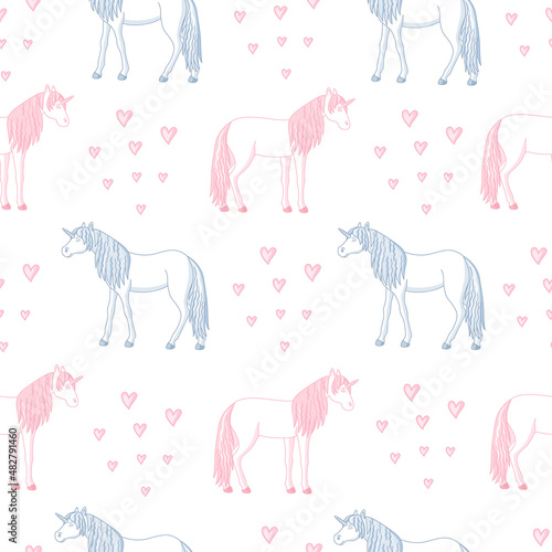 Seamless texture. Sleeping unicorns and hearts. For background, fabric, wallpaper, wrapping paper.