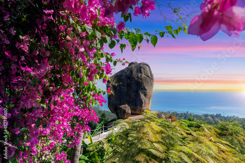 Background of evening natural light on high mountains overlooking the sea, Flower and large rocks (overlap stone) on Koh Samui,Surat Thani Province of Thailand. photo