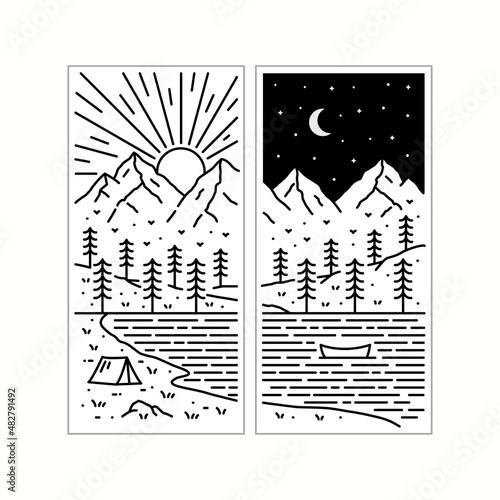 Natural scenery design, camp, mountains, lakes and small boats in mono line art