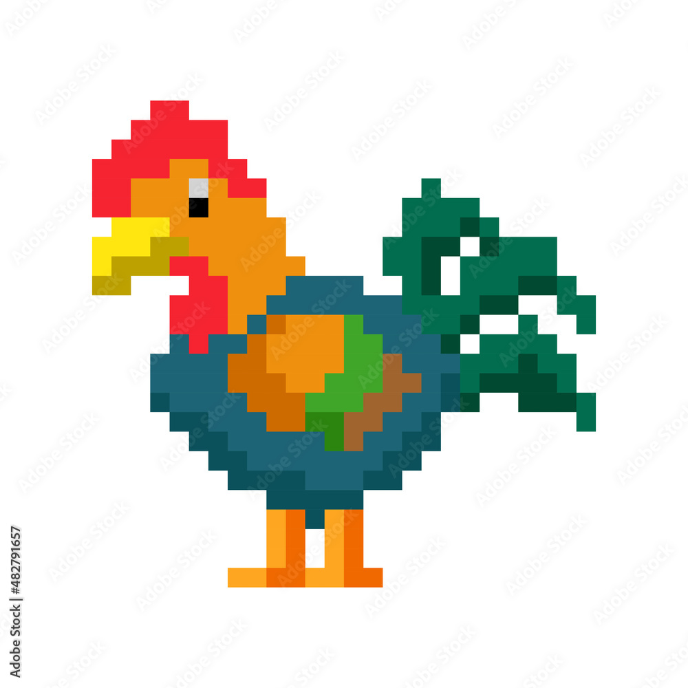 Green Rooster in pixel. illustration Rooster in pixel art Green Rooster in pixel. illustration Rooster in pixel art