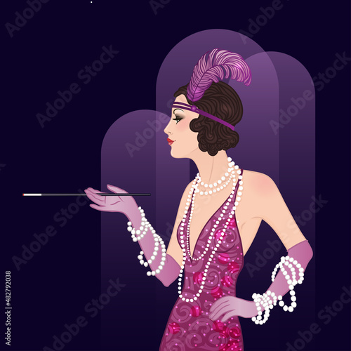 Flapper girl: Retro party invitation design template. Vector illustration.
