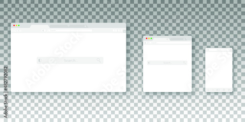 Browser window. Realistic blank browser window with toolbar and shadow. PC, tablet, laptop, computer and smartphone empty web page mockup.